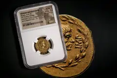 The coin features the profile of Brutus surrounded by laurel wreath on the front, and has war symbols on the reverse to celebrate his military victories.