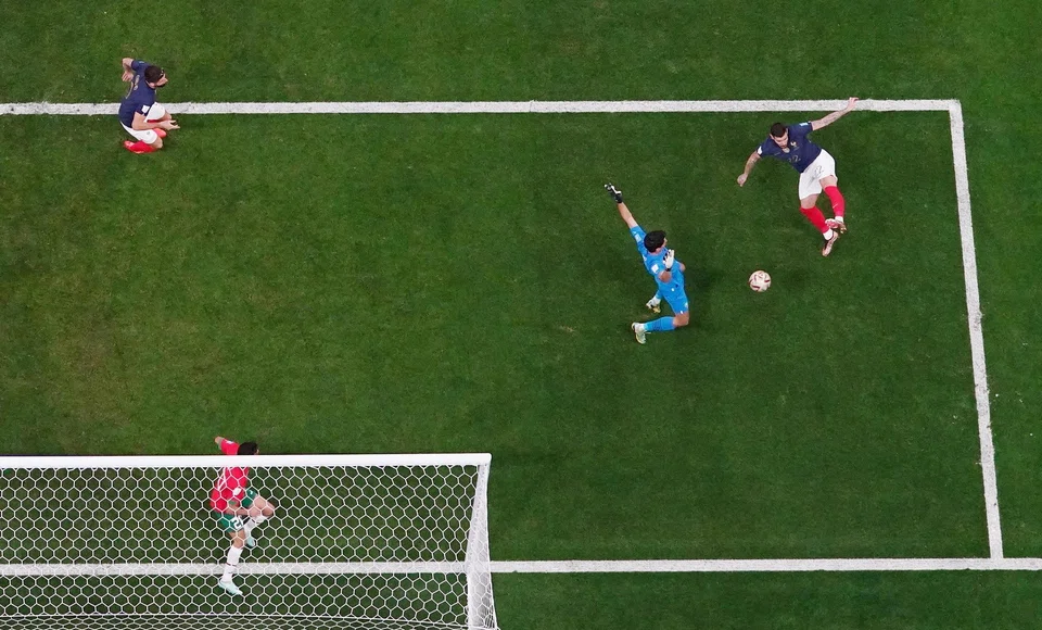 France's Theo Hernandez scores their first goal against Morocco at Al Bayt Stadium, Al Khor, Qatar, Dec 14, 2022.    