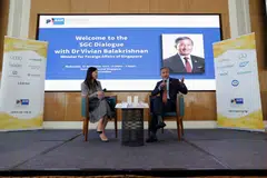 Foreign Minister Vivian Balakrishnan addresses questions by chamber members in a question-and-answer session moderated by SGC president Shirley Qi.