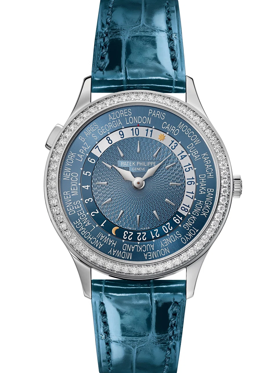 Patek Philippe Ladies' Worldtime Watch Ref 7130G with a blue dial.