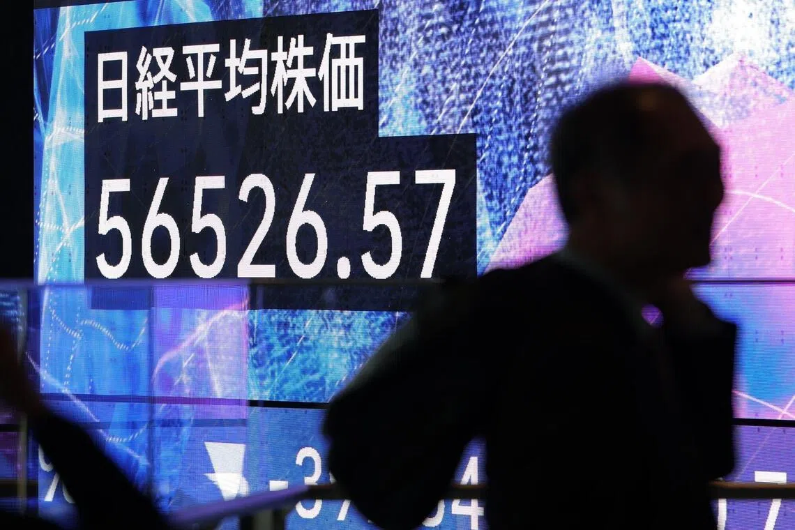 The Nikkei was down 1 per cent at 56,357.40, as of midday break, after posting its steepest weekly gain in more than a year last week.