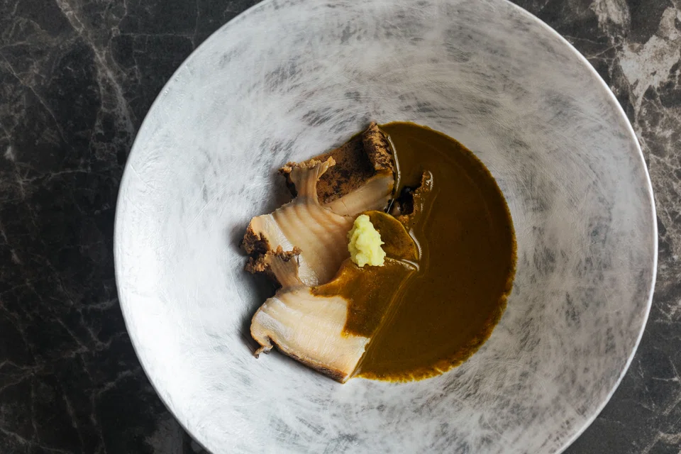 Abalone in liver sauce.