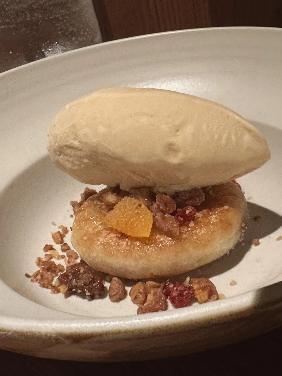 Delicious hotteok of glutinous rice pancake and burnt honey ice cream.