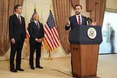 Trump’s son-in-law Jared Kushner (left), special envoy Steve Witkoff (centre) and Vice-President JD Vance (right) at a news conference in Islamabad on Apr 12. 
