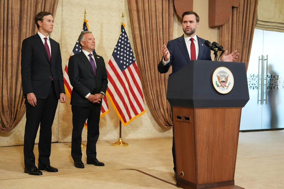 Trump’s son-in-law Jared Kushner (left), special envoy Steve Witkoff (centre) and Vice-President JD Vance (right) at a news conference in Islamabad on Apr 12. 