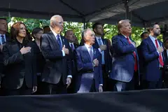 (From left) Democratic presidential nominee, US Vice-President Kamala Harris, US President Joe Biden, former New York City mayor Michael Bloomberg, former US President Donald Trump and Republican vice-presidential nominee, US Senator JD Vance attend a annual 9/11 commemoration ceremony in New York City, US, Sept 11, 2024.