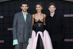 From left: Cast members Josh O'Connor, Zendaya, and Mike Faist at thep remiere for "Challengers" in Los Angeles on Apr 16. 