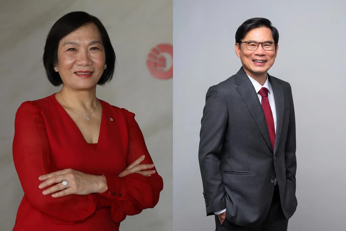 CEO Helen Wong (left) is stepping down from the top job. Tan Teck Long, now OCBC head of global wholesale banking, will take over the reins.  