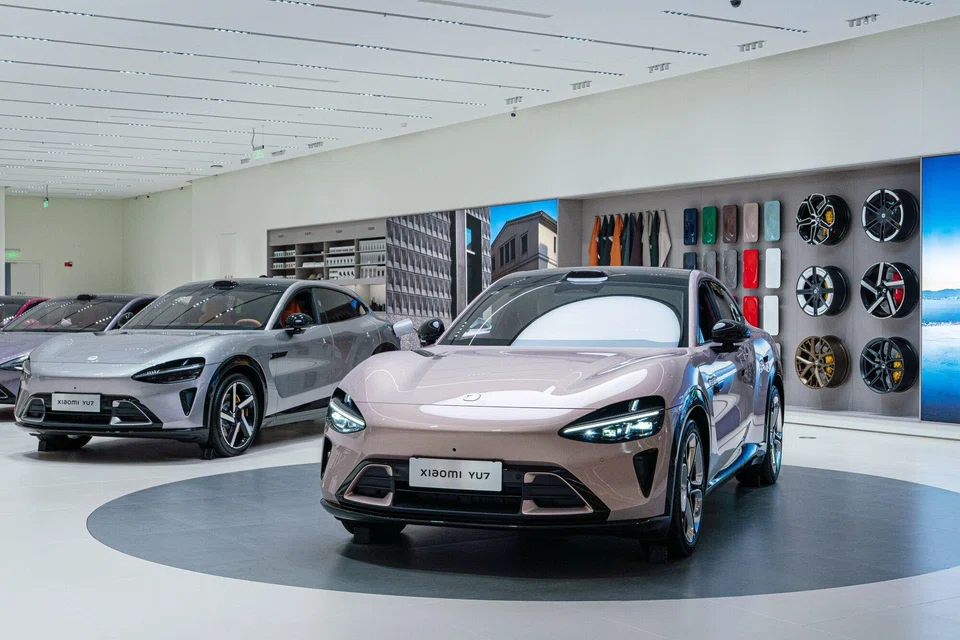 Xiaomi's YU7 EVs are displayed at one of the company's stores in Beijing.  The company aims to start selling EVs in Europe in 2027.