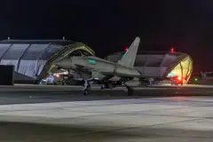 A Royal Air Force Typhoon aircraft returning to RAF Akrotiri military airbase on Cyprus after striking military targets in Yemen during the US-led coalition operation aimed at the Iran-backed Houthi militia. 