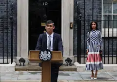Outgoing British PM Rishi Sunak, accompanied by his wife Akshata Murty, speaking outside Downing Street in London, following the election results. 