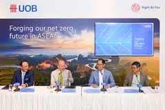 UOB has announced its decarbonisation targets, aiming to achieve lower emissions per unit of output or activity. From left: Frederick Chin, UOB’s head of group wholesale banking and markets, Wee Ee Cheong, UOB's chief executive, Eric Lim, UOB's chief sustainability officer, Chan Kok Seong, UOB's chief risk officer.  
