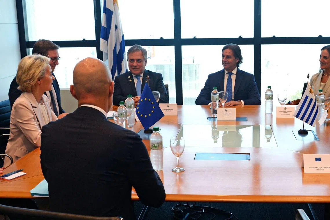 European Commission President Ursula von der Leyen (left) having a meeting with Uruguay's President Luis Lacalle (second right) at the Torre Ejecutiva, the government's headquarters in Montevideo, Uruguay, Dec 5, 2024. 