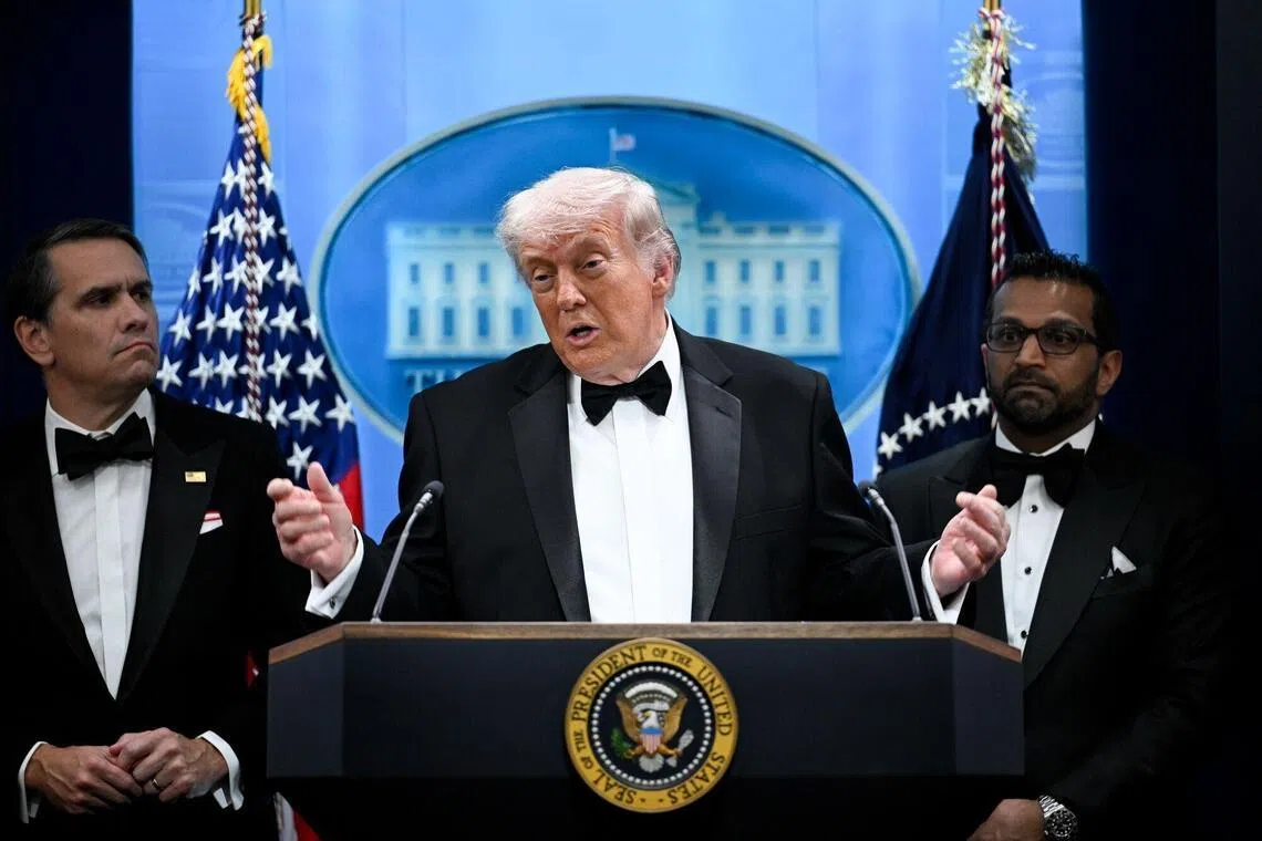 Trump (centre), flanked by Todd Blanche, acting US attorney-general (left) and Kash Patel, director of the Federal Bureau of Investigation FBI, meeting the media at the White House after the shooting incident on Apr 25.