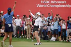 Hannah Green of Australia reacting in jubilation after sinking a birdie on the 18th to win the HSBC Women's World Championship at Sentosa Golf Club in March 2024.