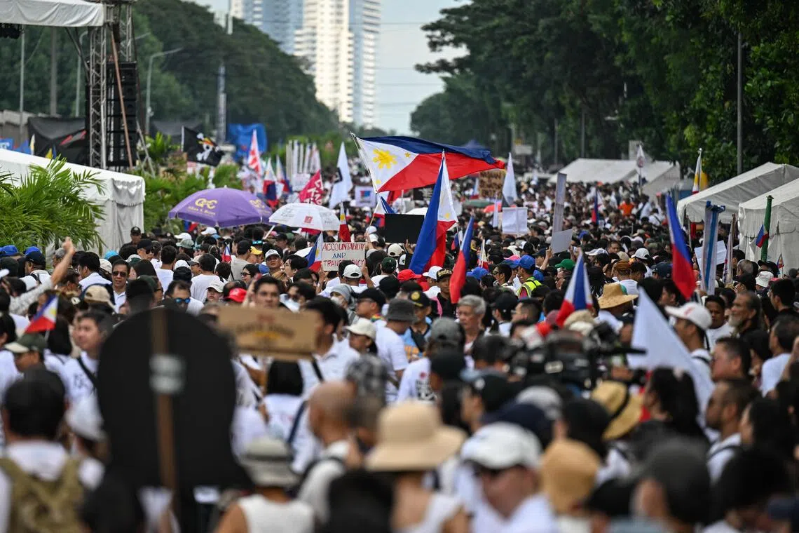 Thousands massed in Manila on Nov 30 demanding accountability over a multi-billion-dollar infrastructure scandal involving corrupt officials and firm owners.