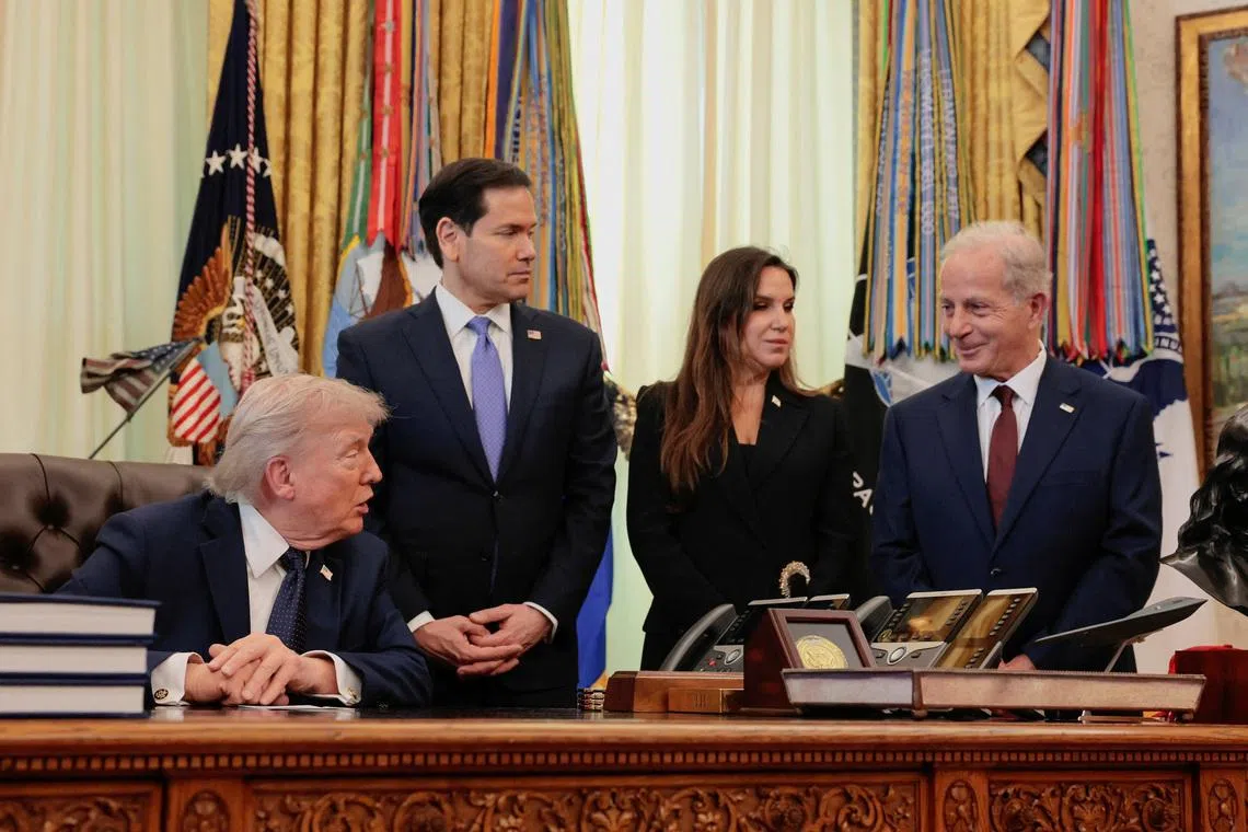 (From left) US President Donald Trump, US Secretary of State Marco Rubio, Lebanon Ambassador to the US Nada Hamadeh Moawad and US Ambassador to Lebanon Michel Issa in the Oval Office at the White House on Apr 23.