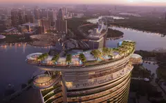 Marina Bay Sands' standalone ultra-luxury resort is adjacent to the current site. It has 570 all-suite rooms, a 15,000-seat entertainment arena, 200,000 square feet of premium MICE facilities, rooftop infinity pools and a revolutionary 18,000-square-foot Skyloop that combines both elevated public and private spaces.