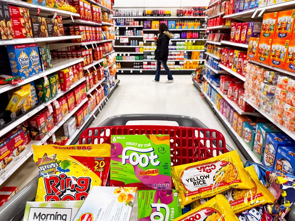 Bazooka Ring Pop Lollipops, Del Monte Fruit Cup Snacks, Starburst Fruit By The Foot snacks, Double Bubble Bubble gum, Vigo Saffron Yellow Rice and Baby Bottle Pop candy, all products that use Red Dye No. 3, in a photo, Dec 27, 2024. The US Food and Drug Administration on Jan 15, 2025 announced a ban on Red Dye No. 3, a controversial food colouring long known to cause cancer in animals, decades after scientific evidence first raised alarm. 