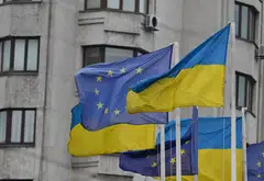 Flags of EU and Ukraine at European Square in Kyiv, June 2022. Are cracks beginning to show in the European wall of support for Ukraine in the war?