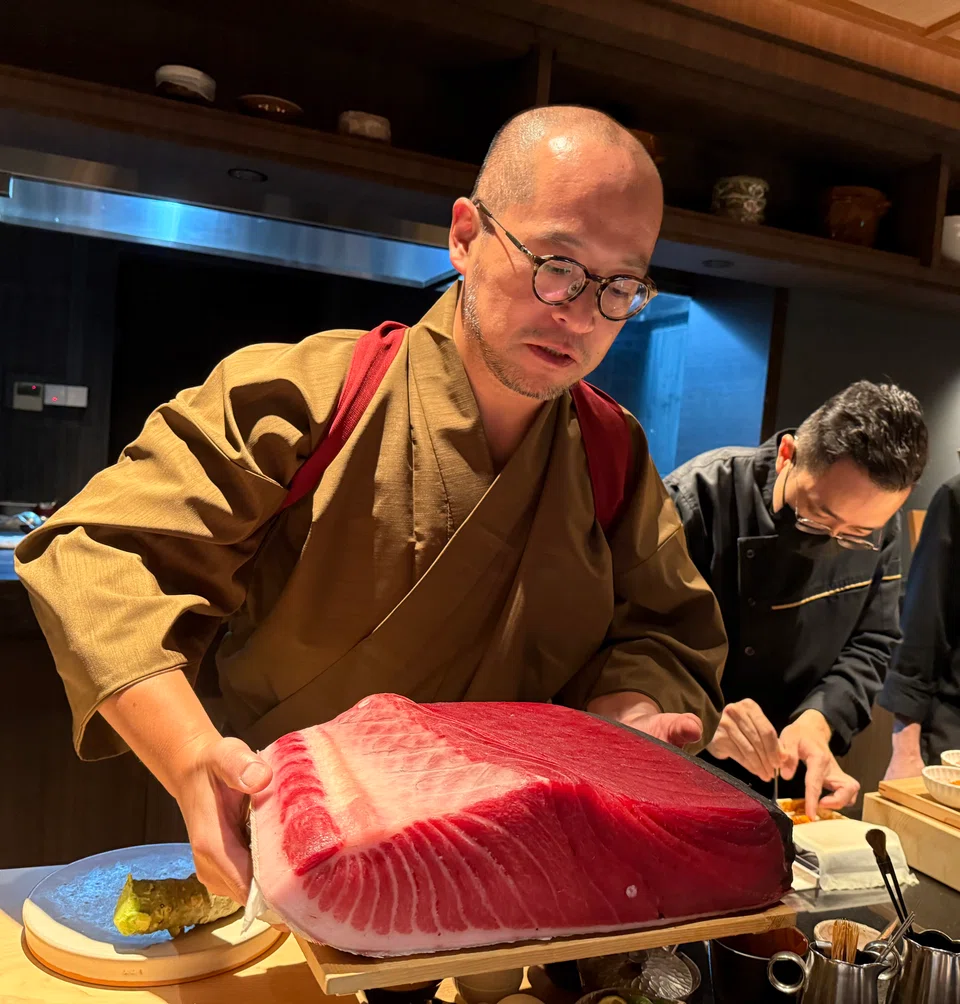 Sashimi from a hunk of tuna.