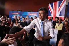 UK prime minister Rishi Sunak greets supporters after delivering a general election campaign speech in London, Britain, June 24, 2024.