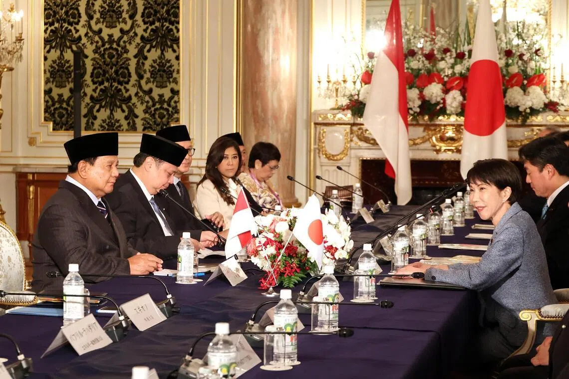 Indonesian President Prabowo Subianto and Japanese Prime Minister Sanae Takaichi hold talks at the Akasaka guesthouse in Tokyo, Japan, March 31, 2026. 