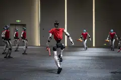 Unitree Robotics' humanoid robots put on a martial arts display at the company's headquarters in Hangzhou, China.