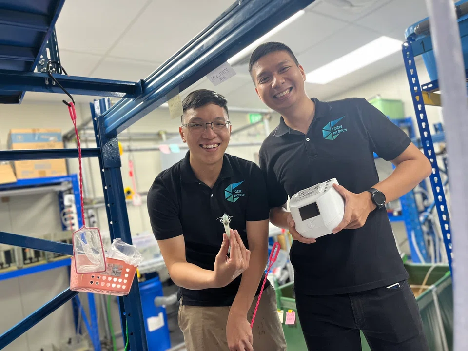 Forte co-founders Kit Yong (left) and Michael Nguyen have set up a site at the NUS Agritech Centre to develop a patented testing kit for prawn diseases.