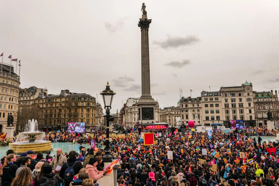 Striking junior doctors, civil servants and teachers attend a rally at Trafalgar Square in London, UK, on Wednesday, March 15, 2023. 