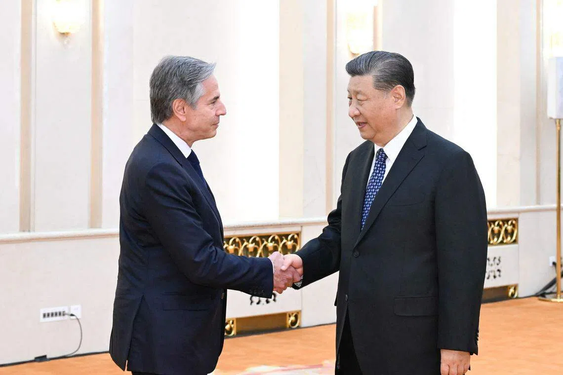US Secretary of State Antony Blinken meeting Chinese President Xi Jinping at the Great Hall of the People in Beijing, China, on Apr 26 during a three-day visit to China.  
