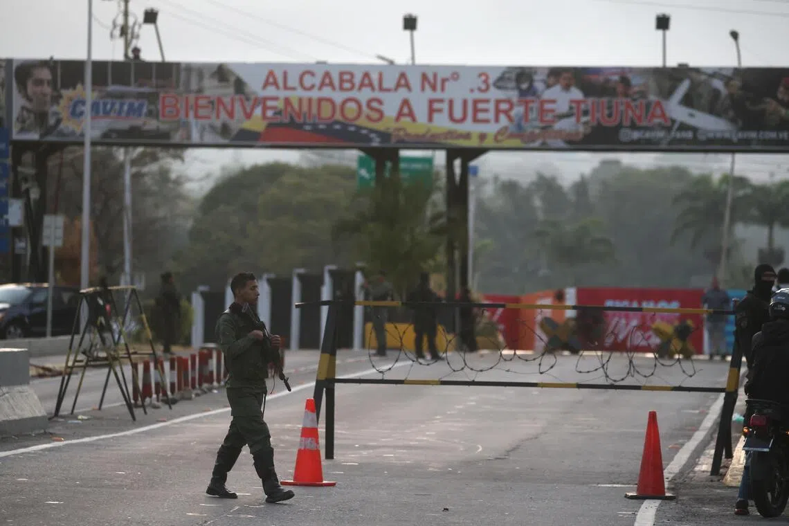 A checkpoint near Fuerte Tiuna (Fort Tiuna) in Caracas, Venezuela. Donald Trump says a "large-scale strike" on Caracas resulted in the capture of Venezuelan leader Nicolas Maduro and his wife.
