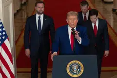 President Donald Trump (centre) speaking at the White House on Jun 22 following US strikes on Iran's nuclear facilities. With him are (from left) Vice-President JD Vance, Defence Secretary Pete Hegseth and Secretary of State Marco Rubio. 