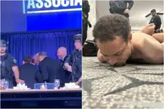 US President Trump is escorted out as a shooter (right) opens fire during the annual White House Correspondents' Association dinner in Washington on Apr 25.