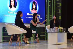 Sarah Wan (left) of Klook and Susli Lie (centre) of Monk’s Hill Ventures at the Tech In Asia Conference in Jakarta. The session was moderated by Claudia Chong of The Business Times.