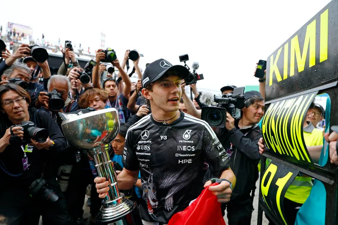 Kimi Antonelli's (above) win at Suzuka came on the heels of his victory in China, and gives him a nine-point lead over teammate George Russell in the overall standings.