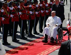 Pope Francis is welcomed upon his arrival at Presidente Nicolau Lobato International Airport, during his apostolic visit to Asia, in Dili, East Timor on Sep 9, 2024. 