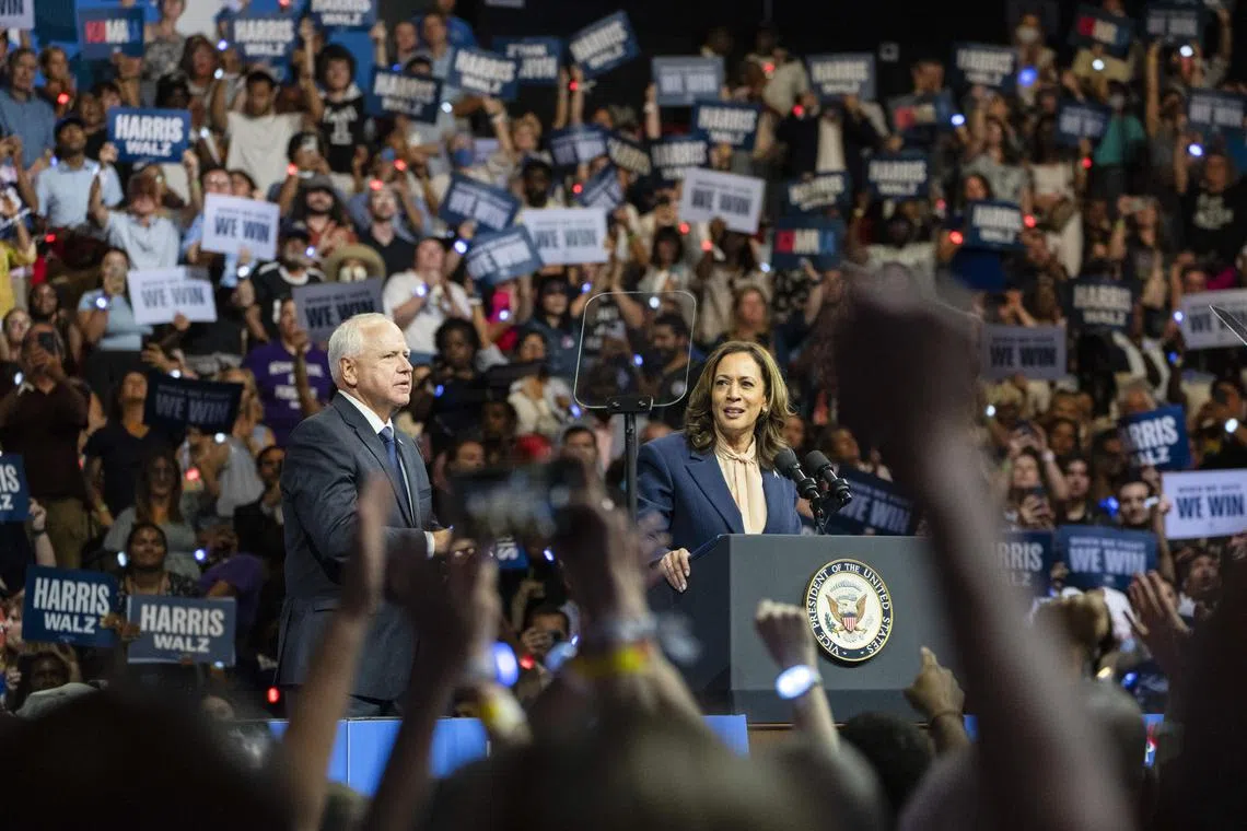 Vice-President Kamala Harris, the Democratic presidential nominee, introduces her running mate, Governor Tim Walz of Minnesota, at a campaign rally in Philadelphia, on Tuesday, Aug 6.