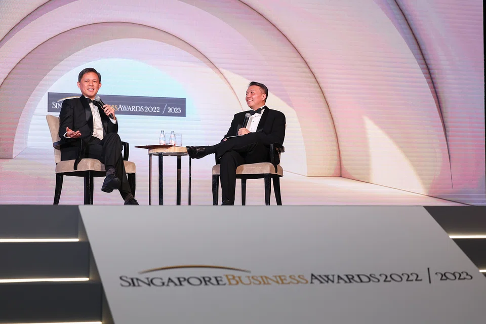 Guest of honour, Minister for Education Chan Chun Sing, at a fireside chat with Christopher Ong, senior vice-president and managing director of DHL Express Singapore. 