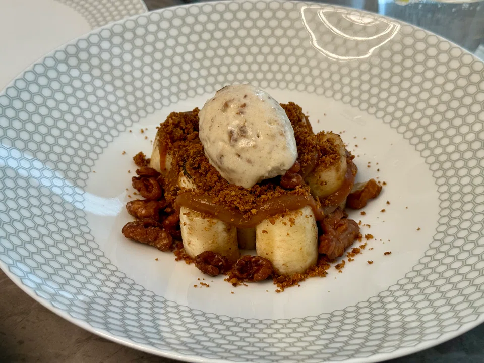 Bananas, ice cream and gula melaka crumble.