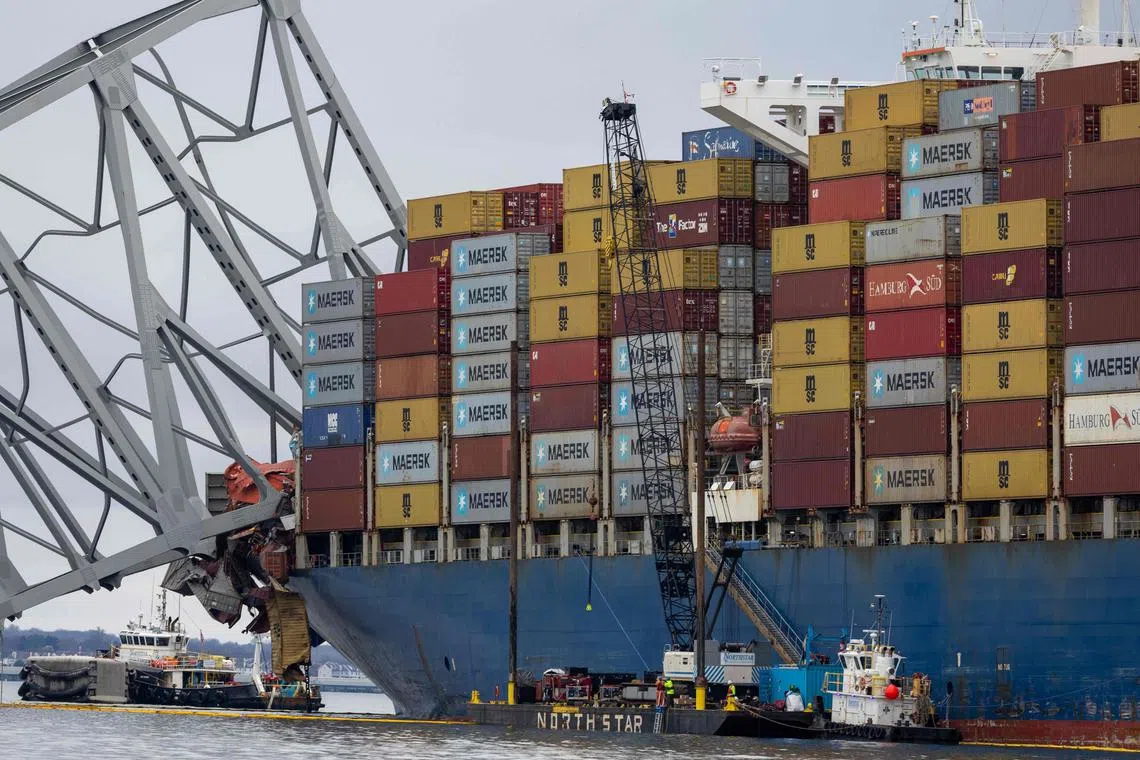 Wreckage from the collapsed Francis Scott Key Bridge resting on the cargo ship Dali in Baltimore, Maryland. The global supply chain impact of the bridge disaster may be limited but this is nevertheless a catastrophic event. 