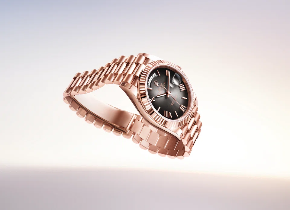 One of the new Oyster Perpetual Day-Date 40 novelties is encased in 18-ct Everose gold and sports a new “slate ombre” dial.