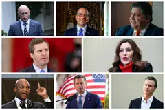 (Clockwise from top left): Democrats Mark Kelly, Josh Shapiro, JB Pritzker, Gretchen Whitmer, Gavin Newsom, Pete Buttigieg, Wes Moore and Andy Beshear are touted as possible running mates for Kamala Harris. 