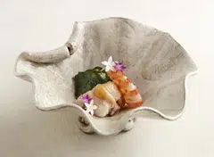 Sakizuke is a cold starter of clam, prawn and kinjiso vegetable.