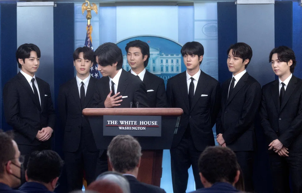 Members of the K-Pop band BTS makes statements against anti-Asian hate crimes and for inclusion and representation during the daily briefing at the White House in Washington, May 31, 2022. 