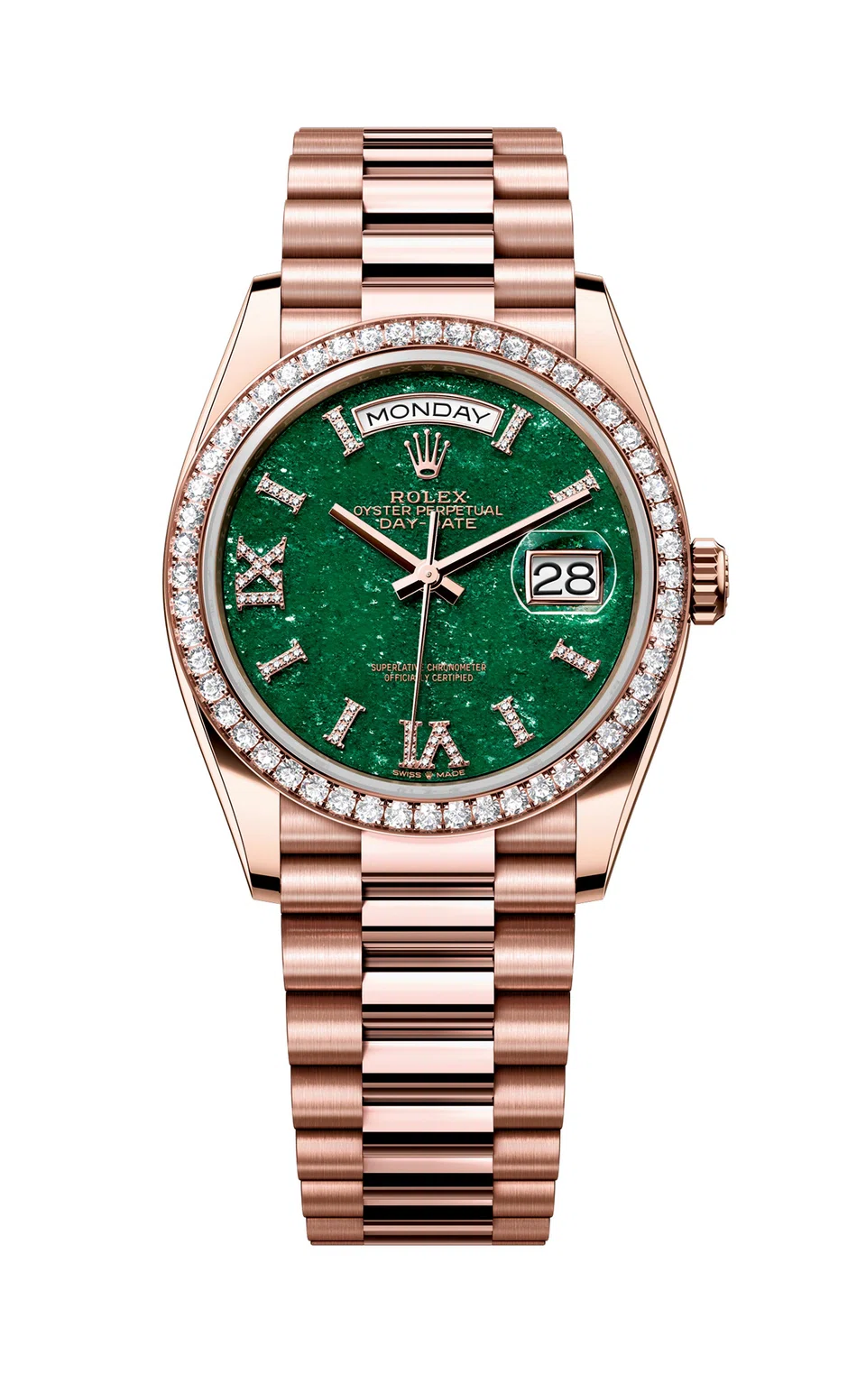 Oyster Perpetual Day-Date 36 in Everose gold with a green aventurine dial and diamond-set.