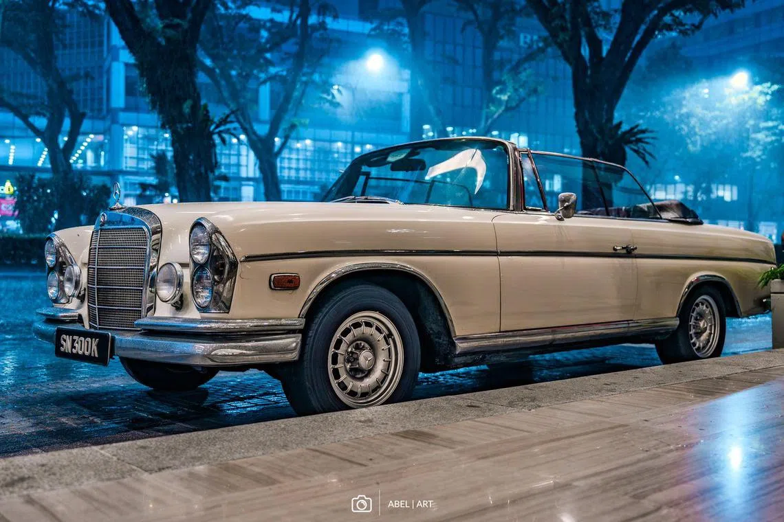 The 1965 Mercedes Benz 300SE Cabriolet, seen here at The Fullerton Bay Hotel, is owned by Kumar Balasingam, the president of the Classic Car Club of Singapore.