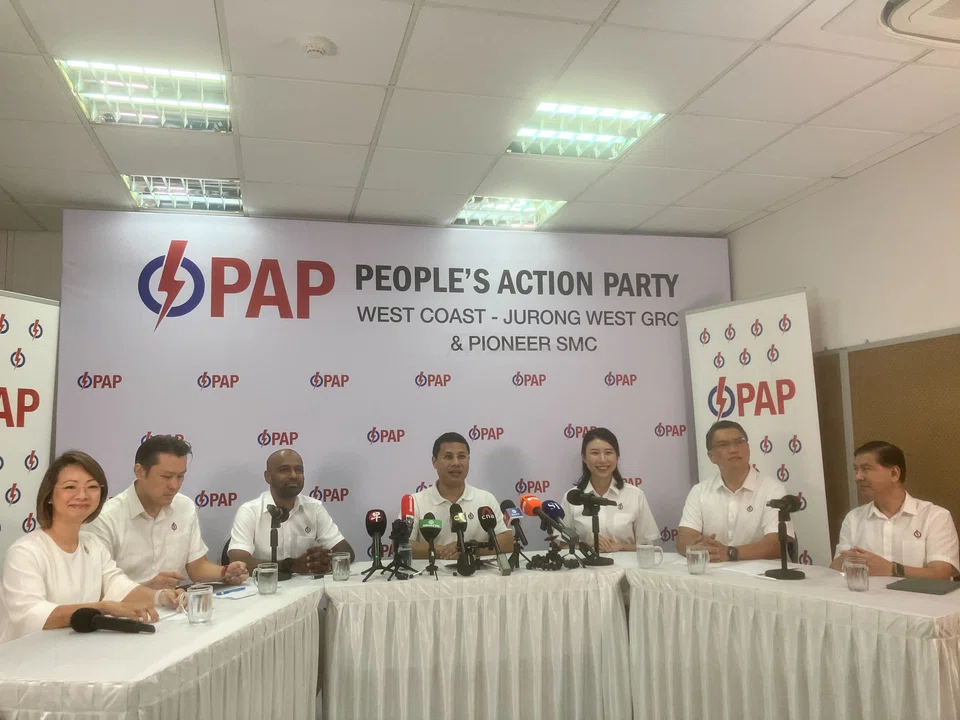 The PAP introduces its team for West Coast-Jurong West GRC on Apr 15. From left: Incumbent MPs Foo Mee Har, who is not part of the new slate, and Shawn Huang; new candidate Hamid Razak; anchor minister Desmond Lee; new candidate Cassandra Lee; Pioneer SMC MP Patrick Tay; and incumbent MP Ang Wei Neng.