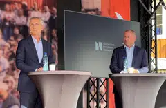 Nicolai Tangen (right) and Norwegian Finance Minister Jens Stoltenberg at a town hall meeting. Since Tangen became CEO of Norges Bank Investment Management, which manages Norway’s sovereign wealth fund, its value has increased about 80%.