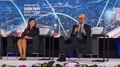 Senior Minister Tharman Shanmugaratnam speaking at a panel on transition finance on Tuesday (Oct 4), with Egypt's Minister of International Cooperation Rania Al-Mashat.